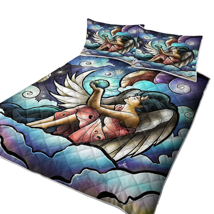 Stained Glass Art Angel of the Milky Way Galaxy Day Bed Covers