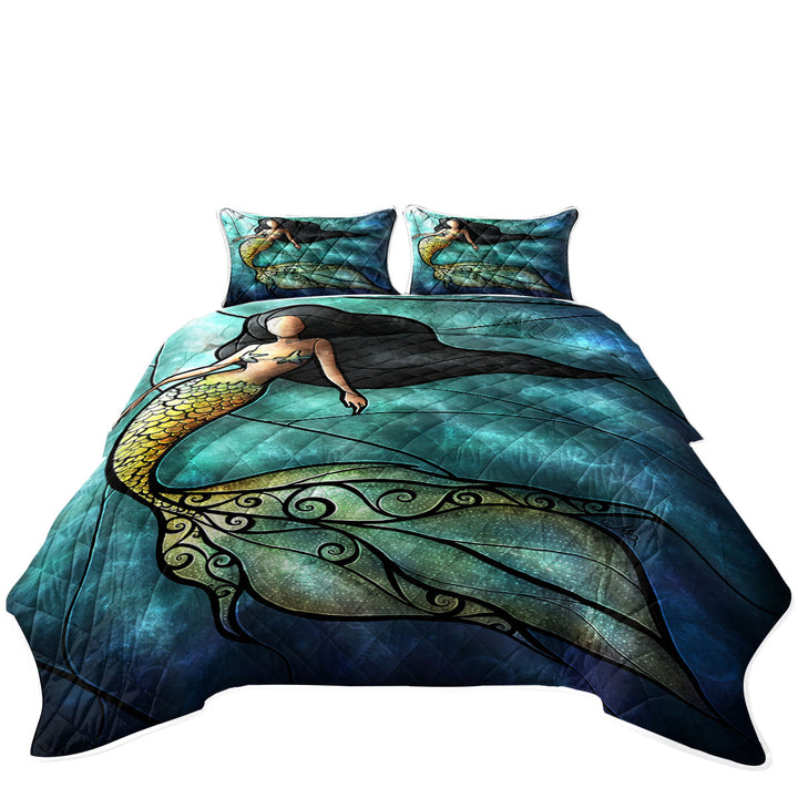 Stained Glass Art Beautiful Underwater Mermaid Coverlet