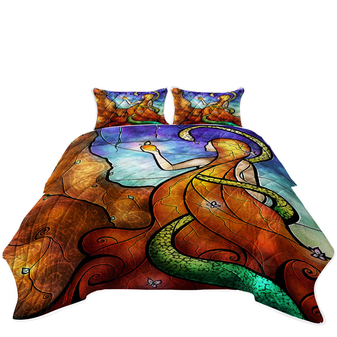 Stained Glass Art Biblical Eve and Serpent Genesis California King Quilt Sets