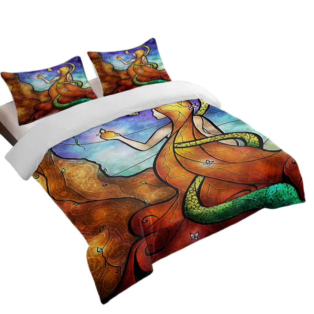 Stained Glass Art Biblical Eve and Serpent Genesis Duvet Covers King