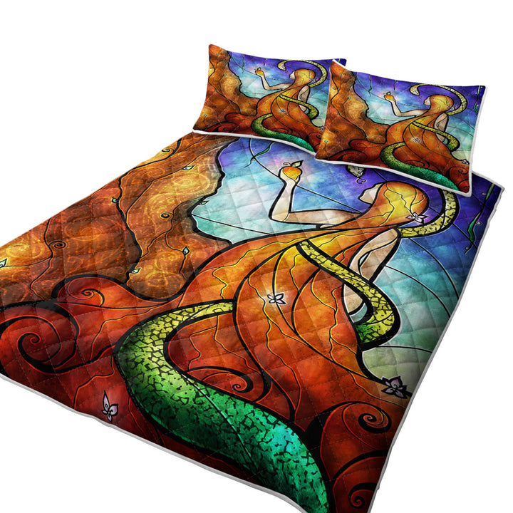 Stained Glass Art Biblical Eve and Serpent Genesis King Size Quilt