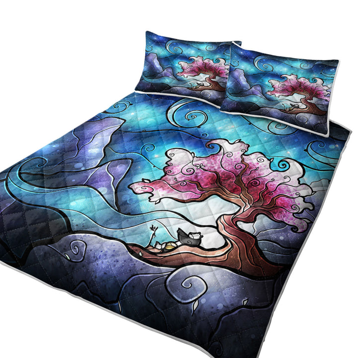 Stained Glass Art Blue Sky Cherry Blossom Queen Quilt Sets