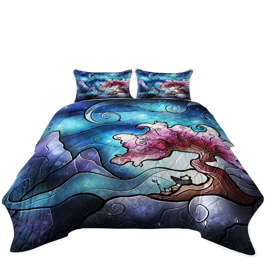 Stained Glass Art Blue Sky Cherry Blossom Quilt Blanket