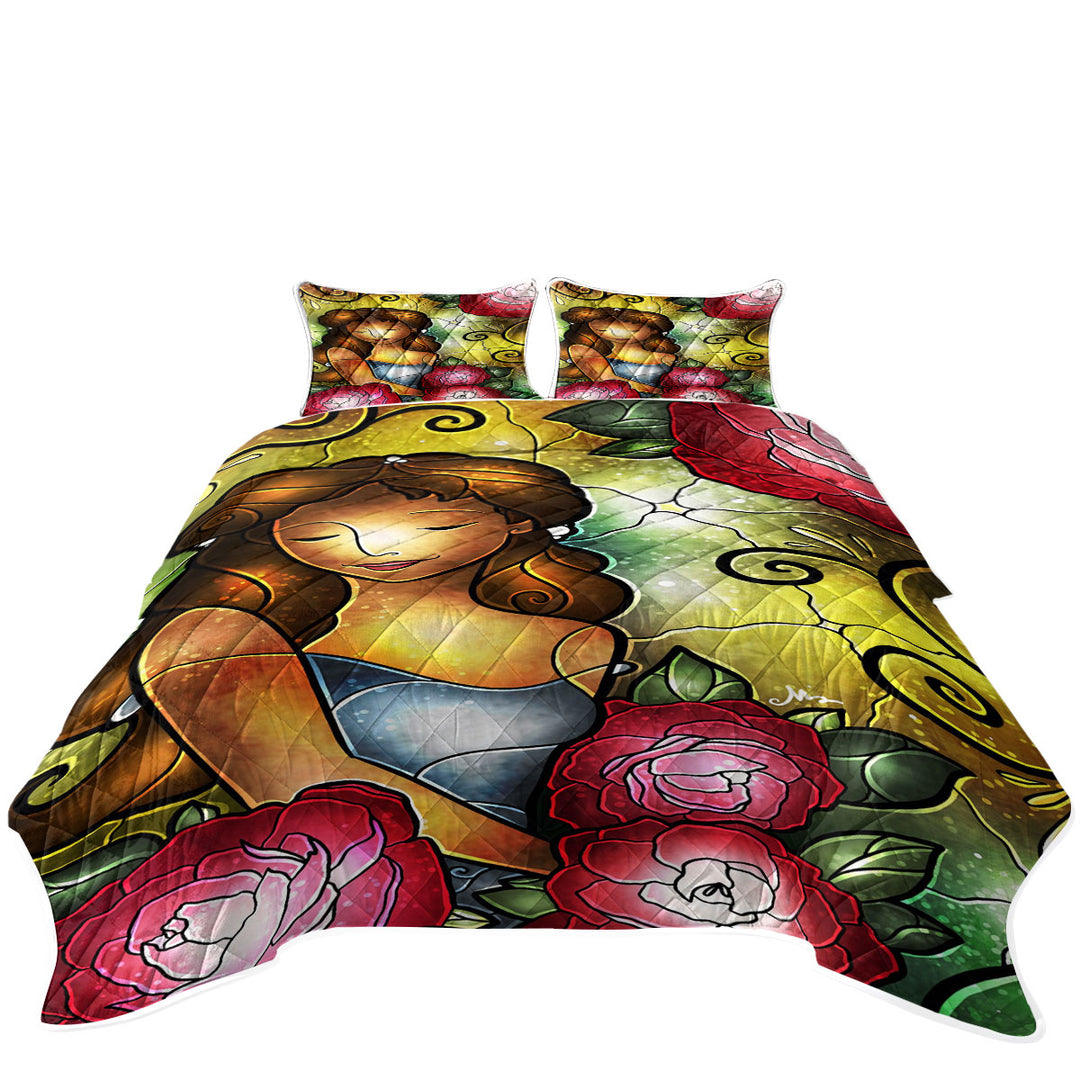 Stained Glass Art Camellia the Roses Lady Quilt Bedspreads