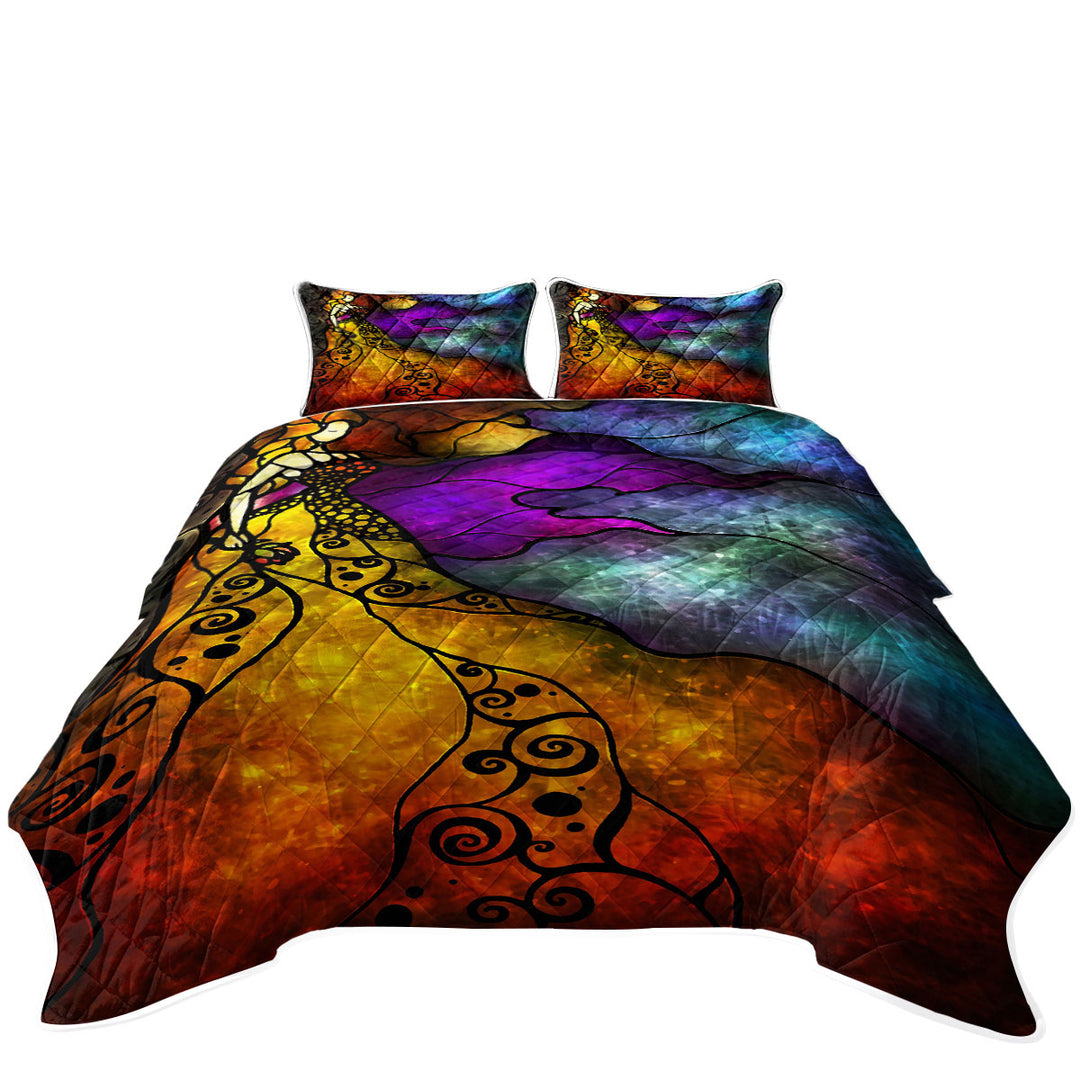 Stained Glass Art Fairy Tale Beauty and Her Beast Bedspreads and Quilts