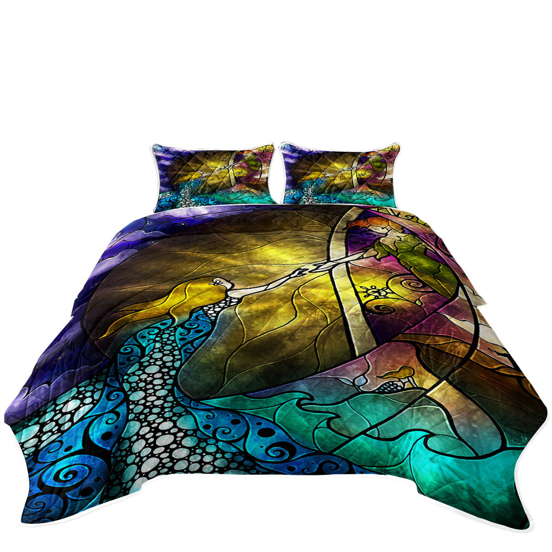 Stained Glass Art Fairy Tale Off to Neverland King Size Bedspreads