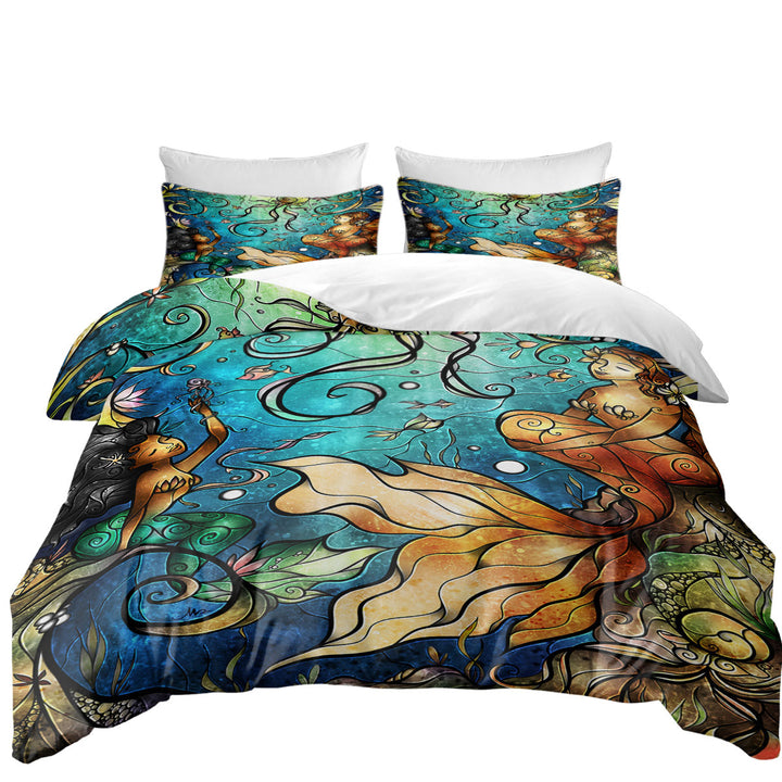 Stained Glass Art Friends Under the Sea Mermaids Duvet Cover Queen