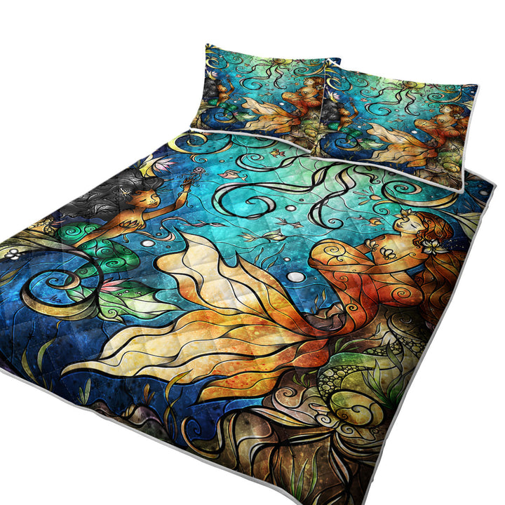 Stained Glass Art Friends Under the Sea Mermaids King Size Quilt Sets