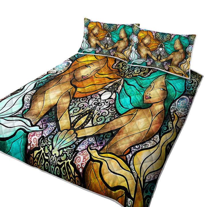 Stained Glass Art Gem and I Mermaids California King Quilt Sets