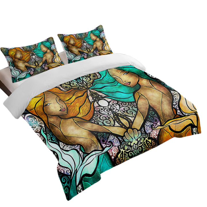 Stained Glass Art Gem and I Mermaids Duvet Cover Queen