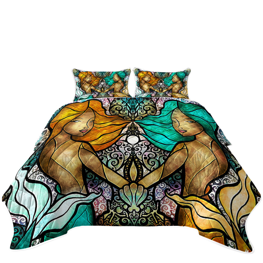 Stained Glass Art Gem and I Mermaids King Size Quilt Sets