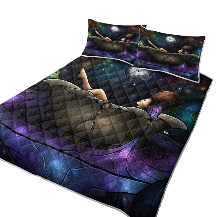 Stained Glass Art Girl Bathing in Space Quilt Blanket