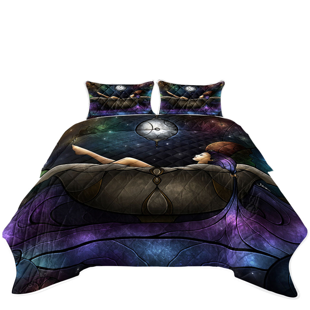Stained Glass Art Girl Bathing in Space Twin Quilt