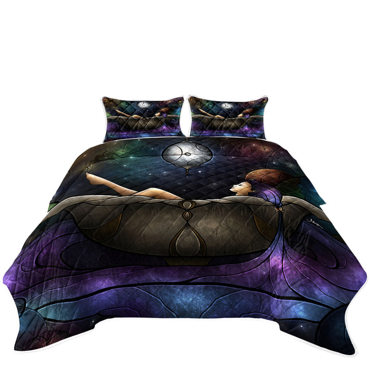 Stained Glass Art Girl Bathing in Space Twin Quilt