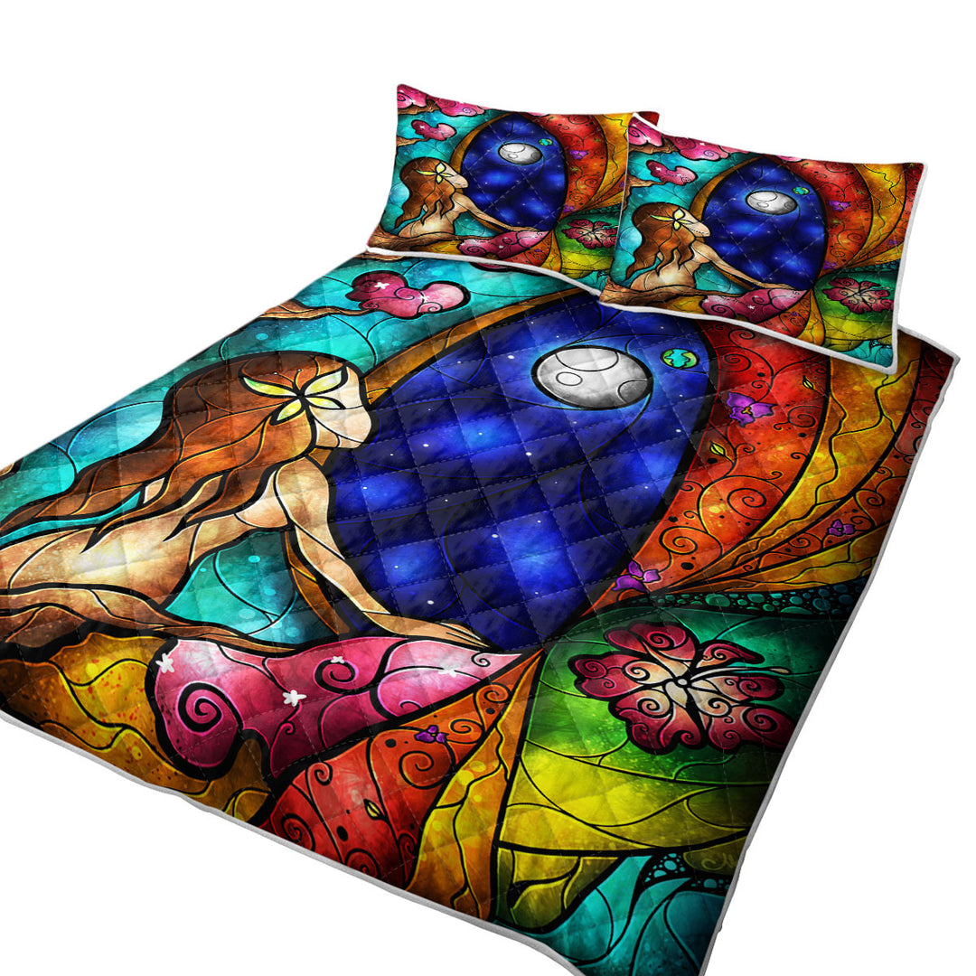 Stained Glass Art I Miss You Moonlight Mermaid Queen Quilt Sets