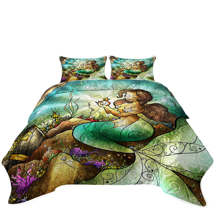 Stained Glass Art Jades Treasures Underwater Mermaid Day Bed Covers