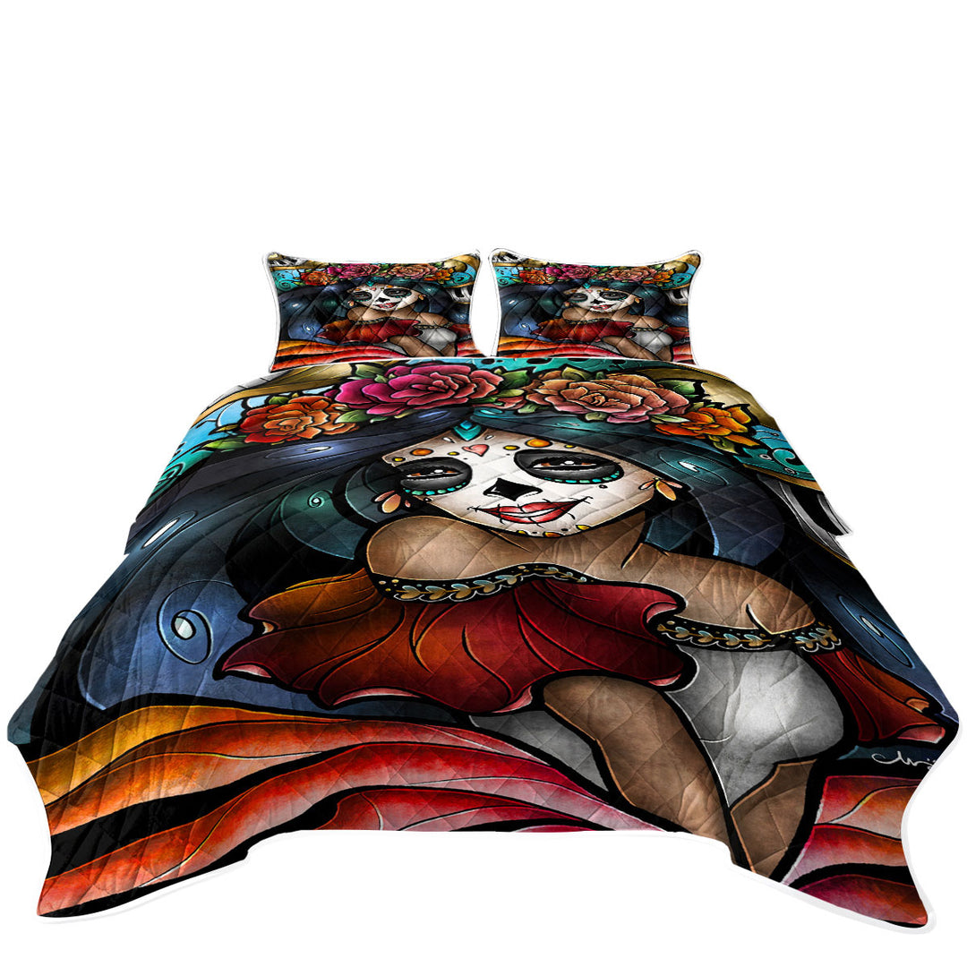 Stained Glass Art La Catrina Day of the Dead Quilt Bedspreads