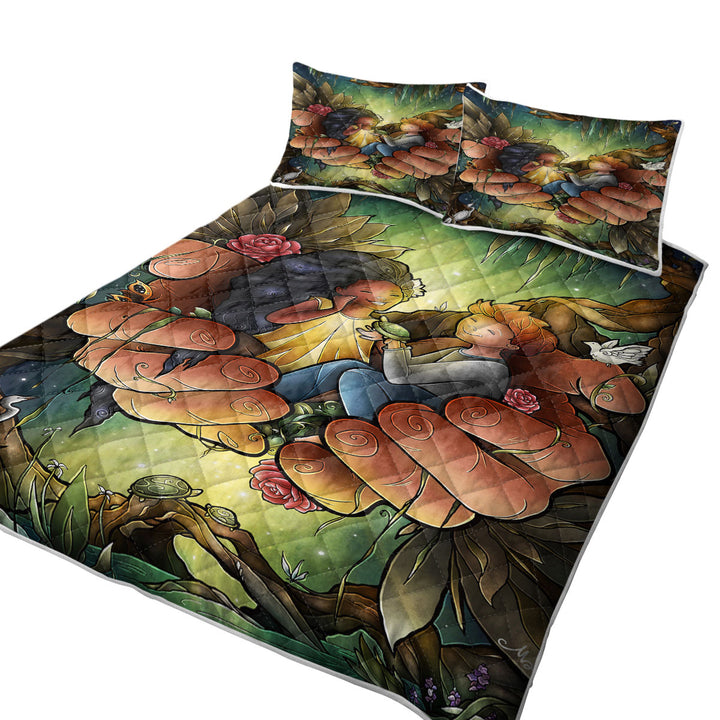 Stained Glass Art Love One Another Tropical Jungle California King Quilt Sets