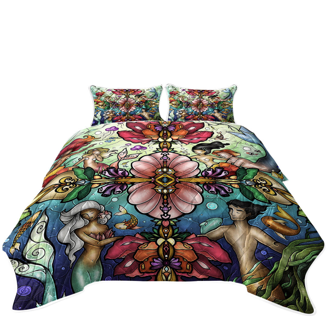 Stained Glass Art Matchmaker Maze Mermaids World Bedspreads and Quilts