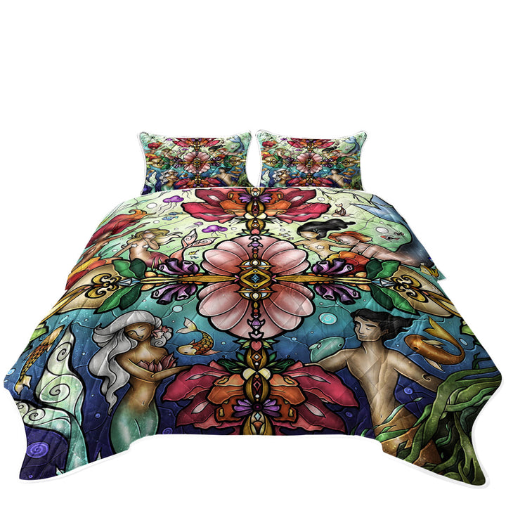 Stained Glass Art Matchmaker Maze Mermaids World Bedspreads and Quilts
