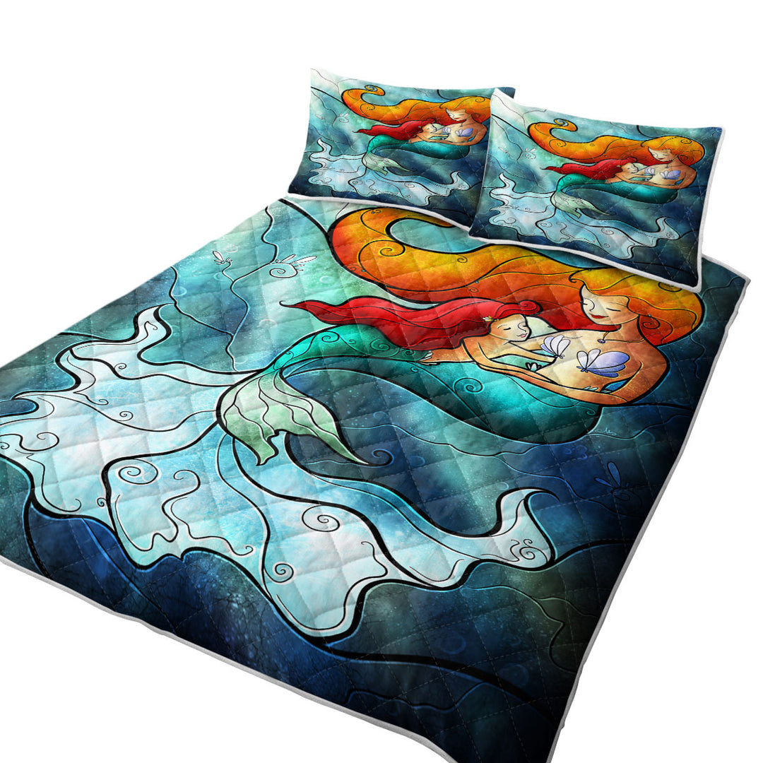 Stained Glass Art Mother and Daughter Love Mermaid Bed Coverlet
