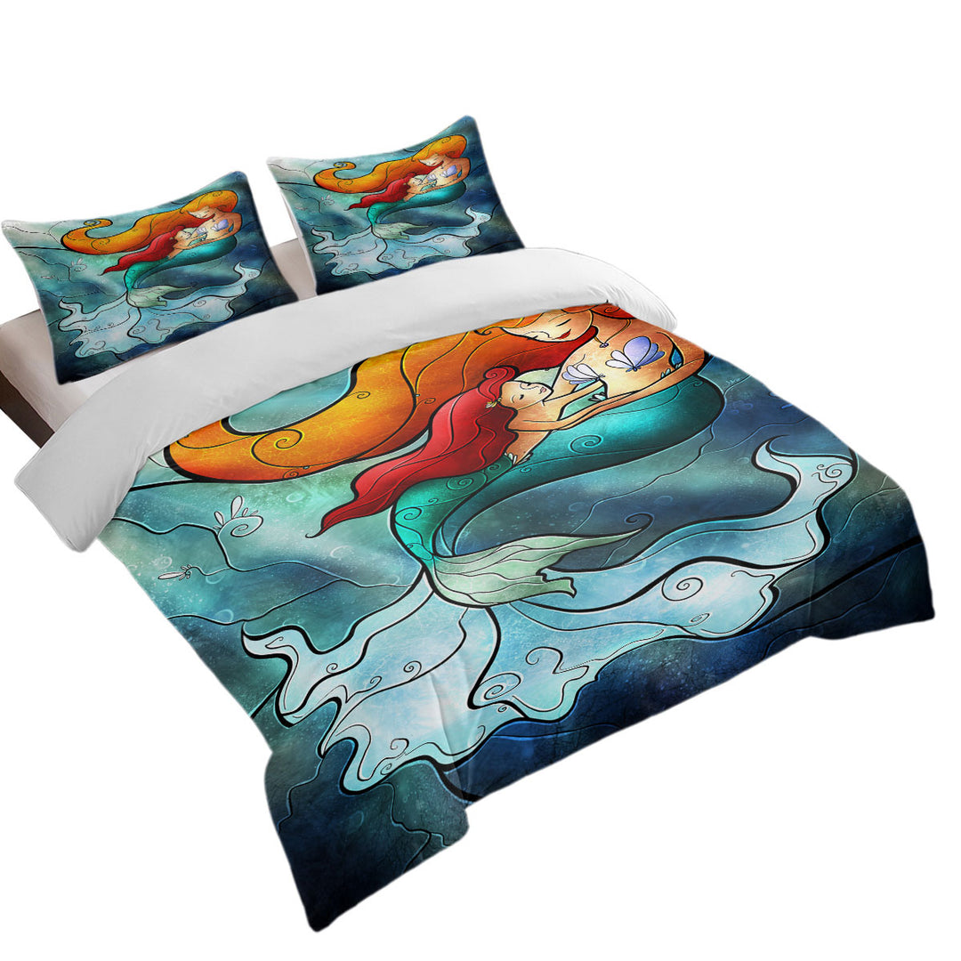 Stained Glass Art Mother and Daughter Love Mermaid Duvet Cover