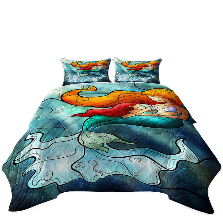 Stained Glass Art Mother and Daughter Love Mermaid Queen Quilt Sets