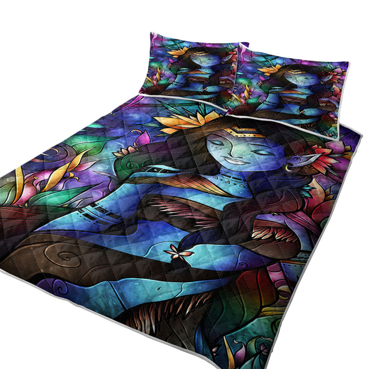 Stained Glass Art Native Tropical Princess Blue Zion Quilt Bedspreads