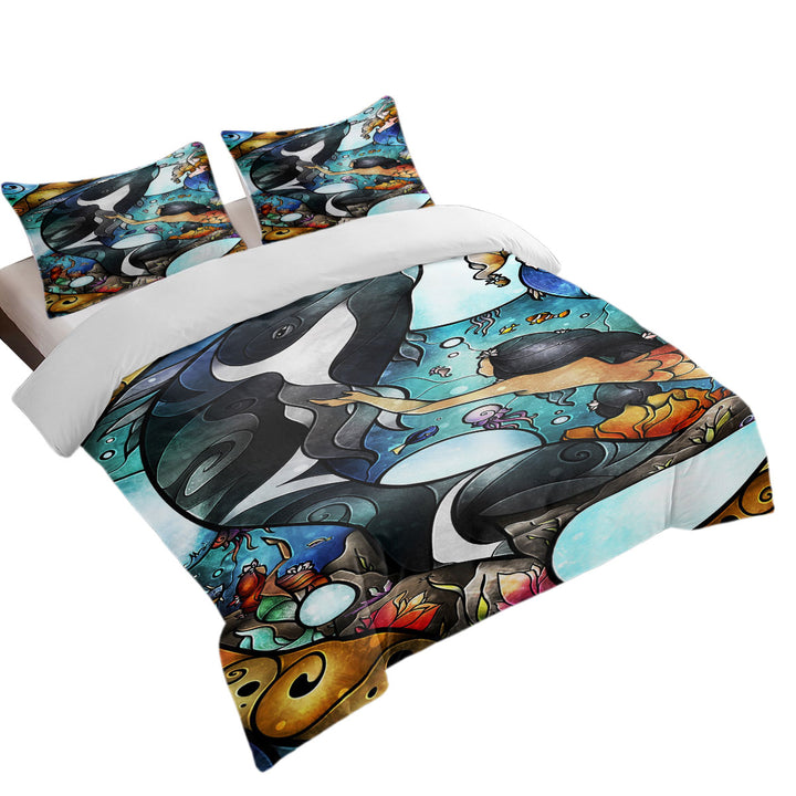 Stained Glass Art Orca Whale and Mermaids Best Duvet Covers