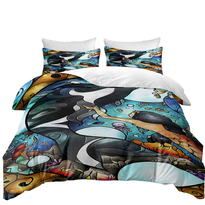 Stained Glass Art Orca Whale and Mermaids Daybed Covers Sets