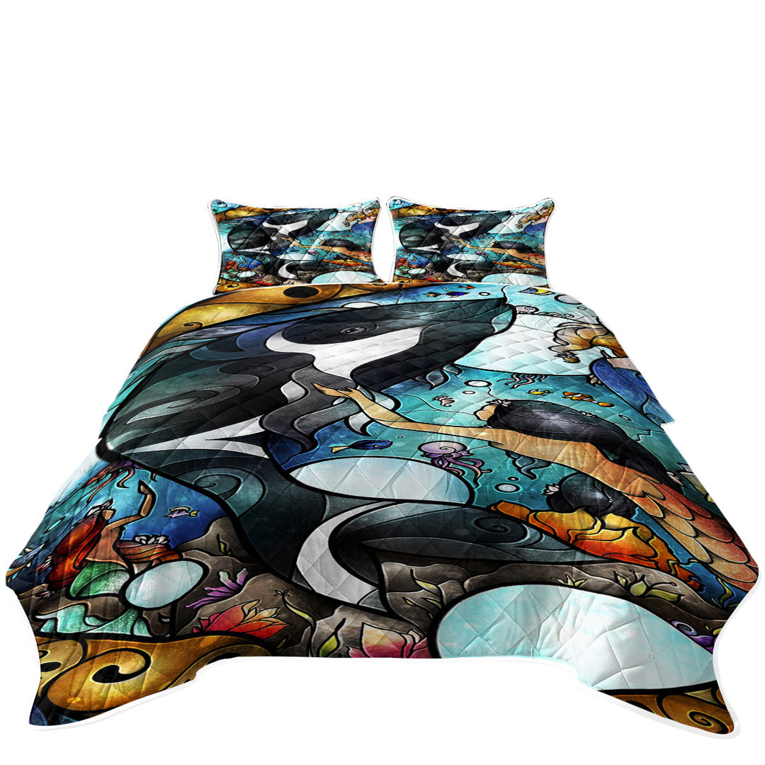 Stained Glass Art Orca Whale and Mermaids Quilt