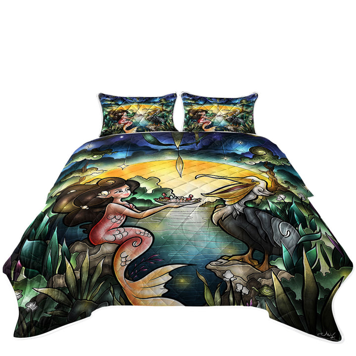 Stained Glass Art Pelican and Mermaid Bedspreads and Quilts
