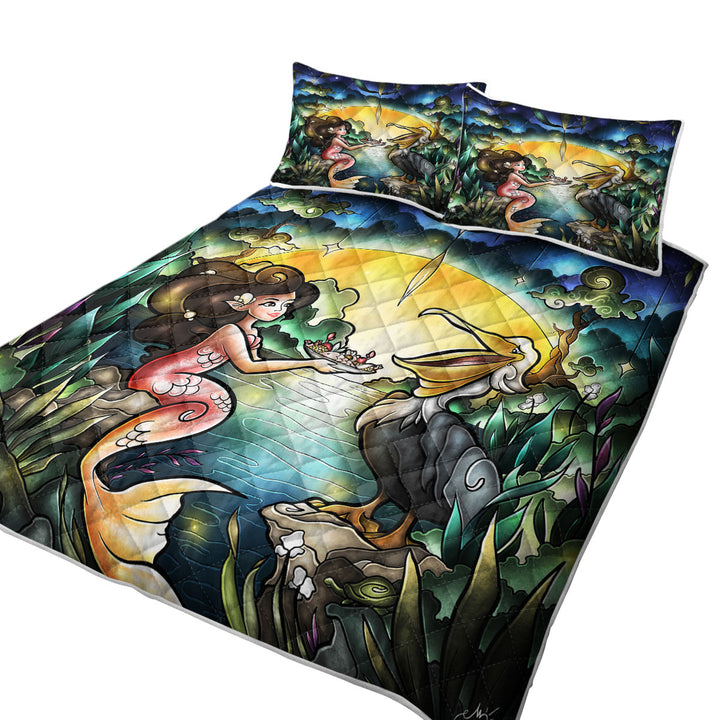 Stained Glass Art Pelican and Mermaid Twin Quilt
