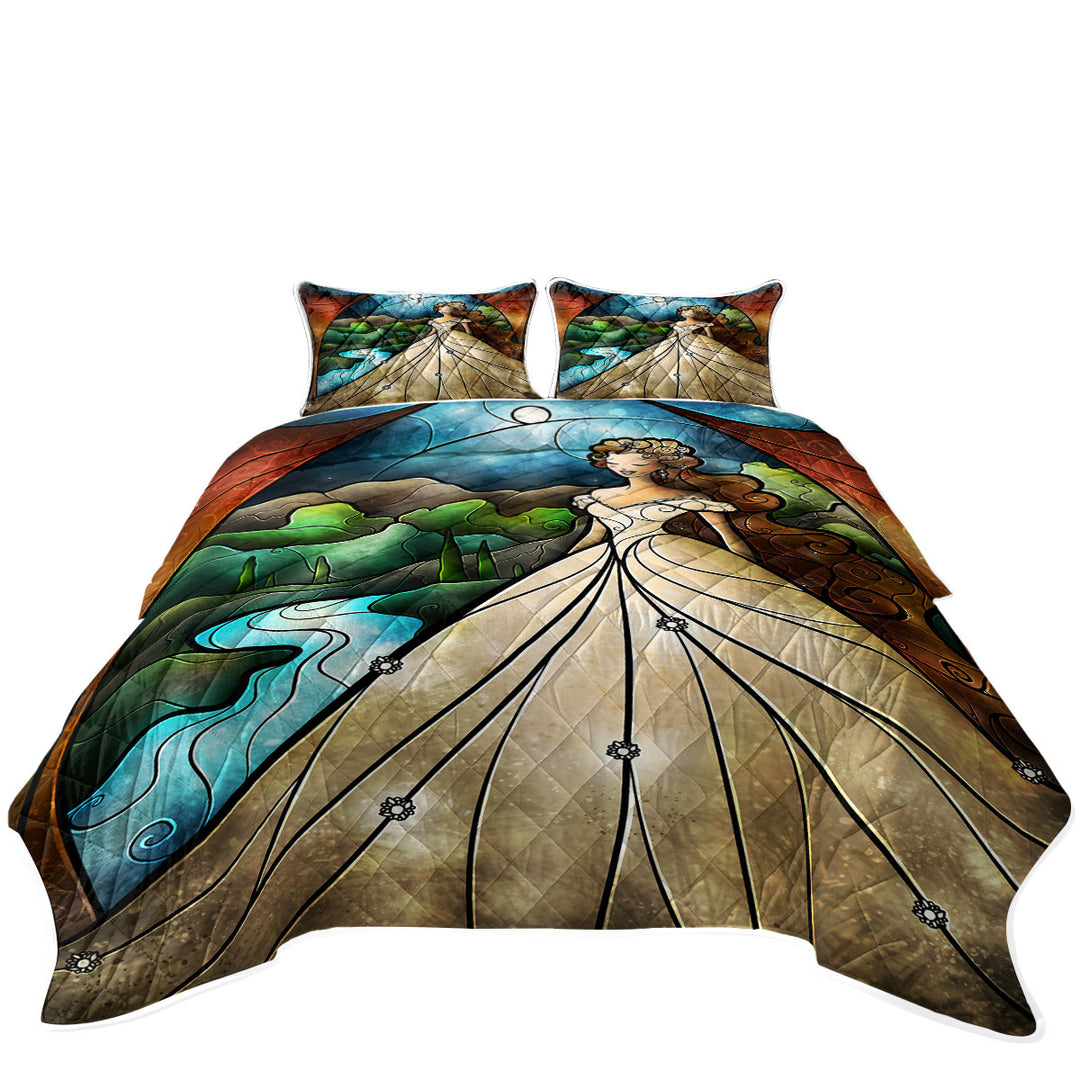Stained Glass Art Rapunzel Fairy Tale Princess King Size Bedspreads
