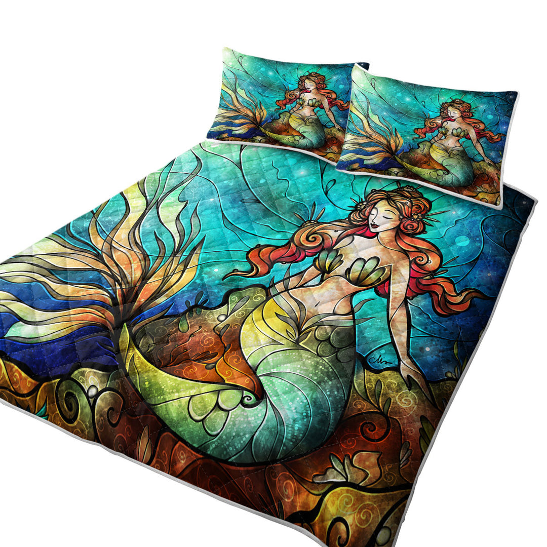 Stained Glass Art Serene Siren Beautiful Mermaid King Size Bedspreads