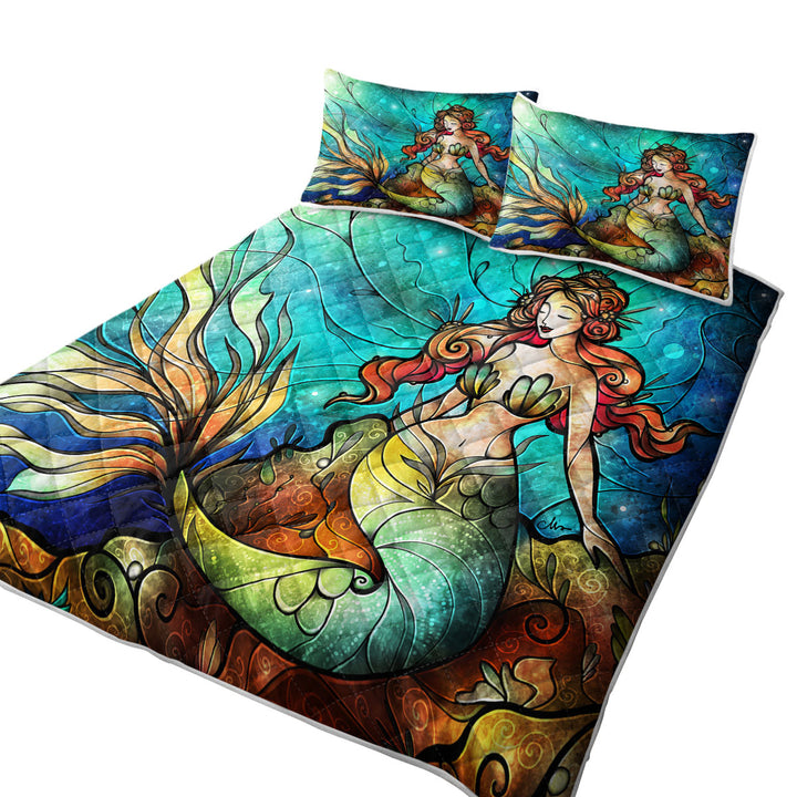 Stained Glass Art Serene Siren Beautiful Mermaid King Size Bedspreads