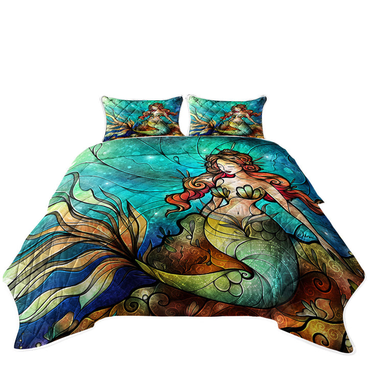 Stained Glass Art Serene Siren Beautiful Mermaid King Size Quilt