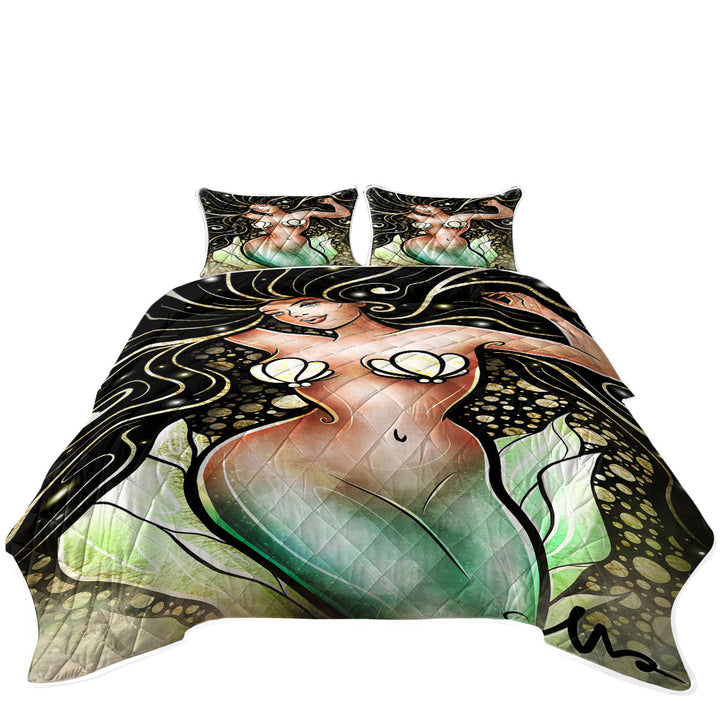 Stained Glass Art Sexy Golden Mermaid California King Quilt Sets