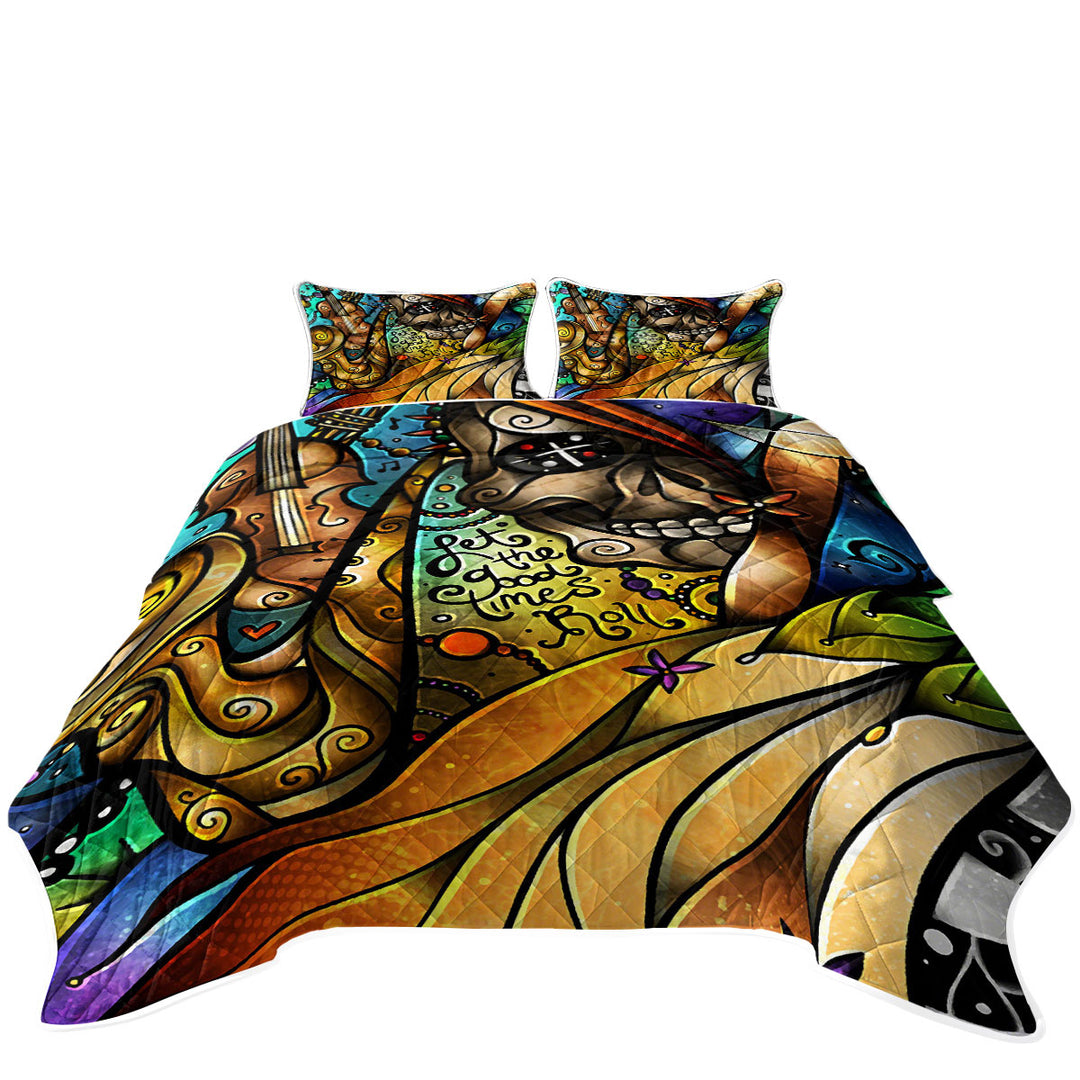 Stained Glass Art Skull and Music Day of the Dead Coverlet