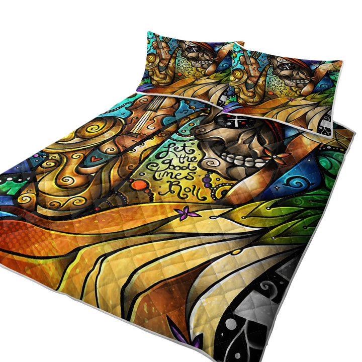 Stained Glass Art Skull and Music Day of the Dead Coverlets