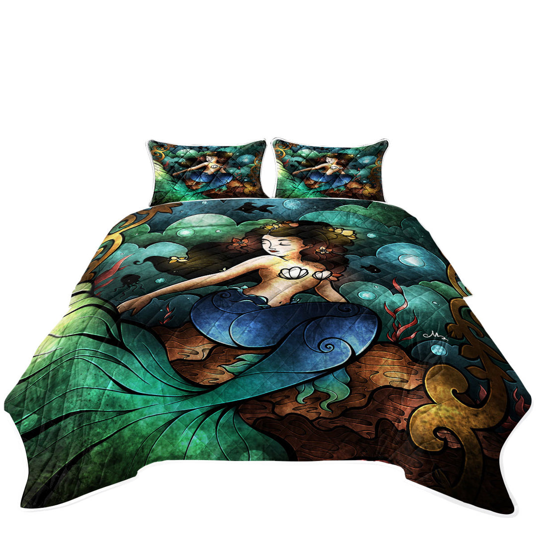 Stained Glass Art Underwater Beautiful Mermaid Quilt