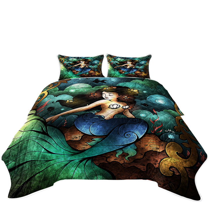 Stained Glass Art Underwater Beautiful Mermaid Quilt