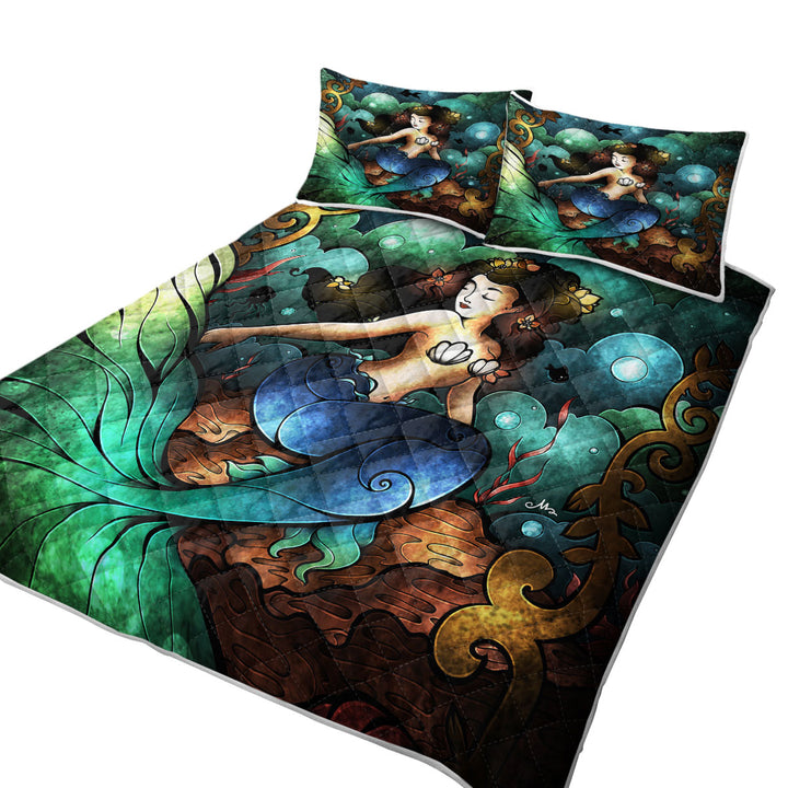 Stained Glass Art Underwater Beautiful Mermaid Quilts
