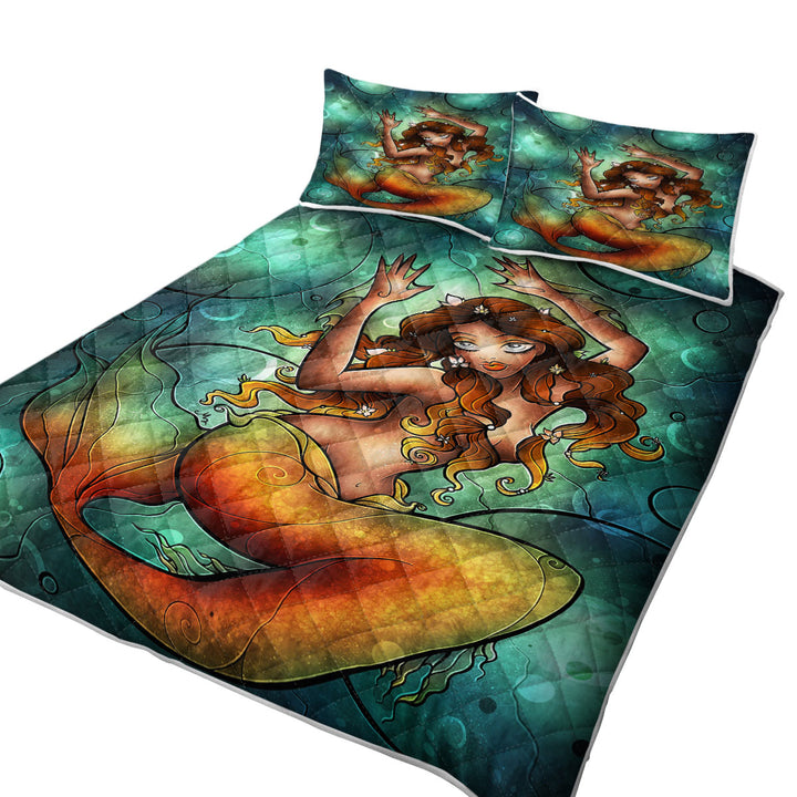 Stained Glass Art Underwater Golden Mermaid Bedspreads and Quilts