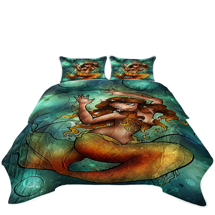 Stained Glass Art Underwater Golden Mermaid Quilts