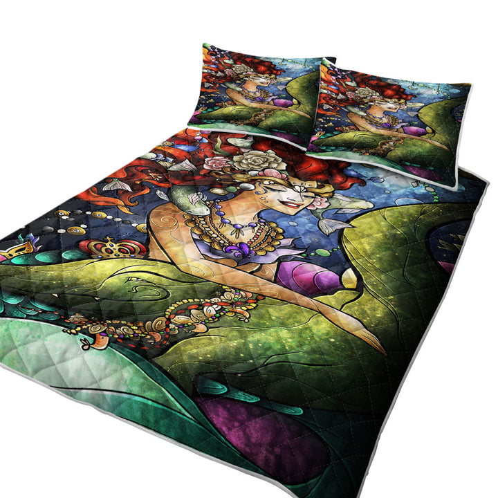 Stained Glass Art Underwater Mermaid and Crocodile Coverlet