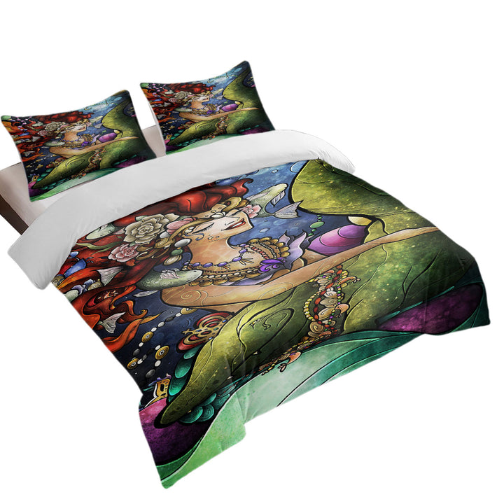 Stained Glass Art Underwater Mermaid and Crocodile King Duvet Cover set