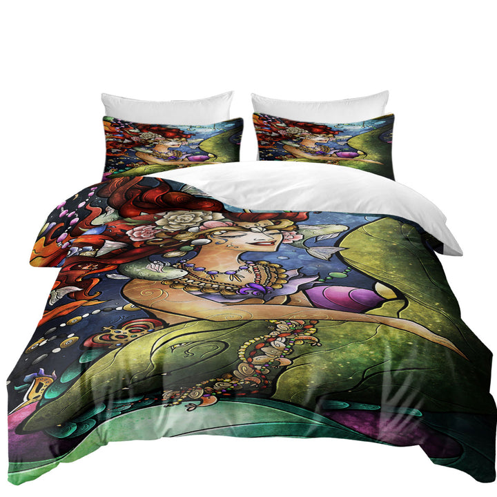 Stained Glass Art Underwater Mermaid and Crocodile King Size Duvet Cover