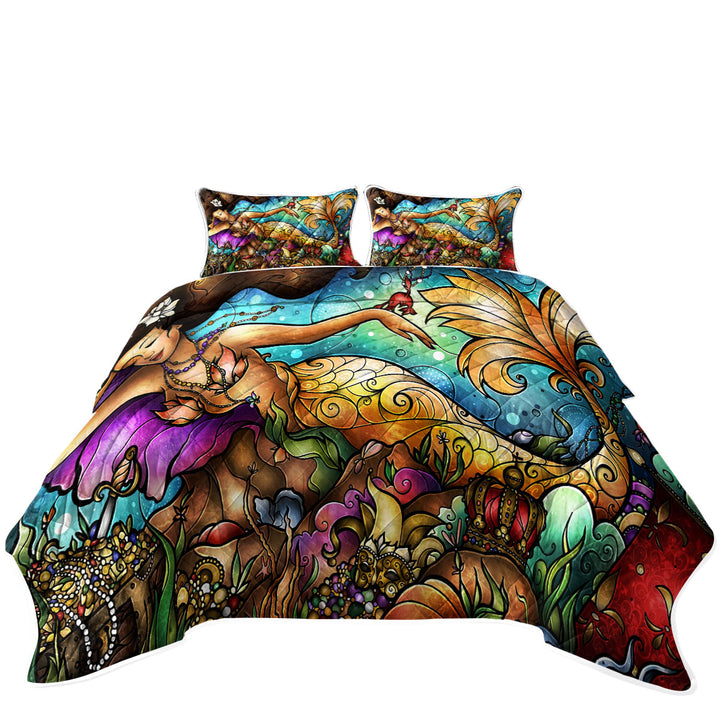 Stained Glass Art Underwater Treasure and Mermaid California King Quilt Sets