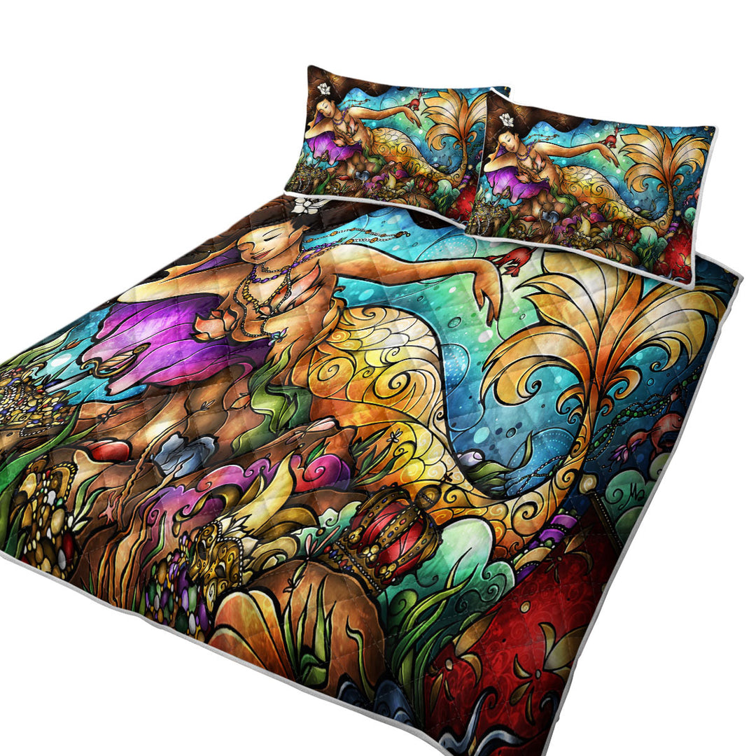 Stained Glass Art Underwater Treasure and Mermaid King Size Quilt